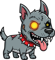 Fototapeta premium Aggressive Zombie Dog Cartoon Character with Glowing Eye Sharp Teeth and Spiked Red Collar Isolated Vector Illustration for Halloween Mascot or Gaming Logo Design