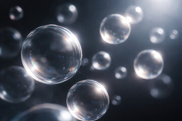 Translucent bubbles float gracefully in dark space creating serene atmosphere that invites calm and breathwork