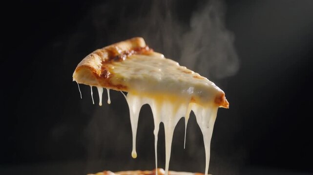  Ultra cinematic slow-motion shot of a hot cheese pizza slice levitating in mid-air, stretchy