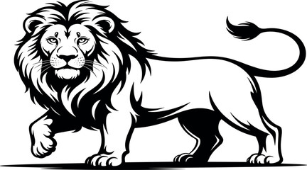 Obraz premium Powerful black and white tribal lion head vector illustration featuring a wild feline face silhouette design perfect for a mammal wildlife tattoo or animal logo