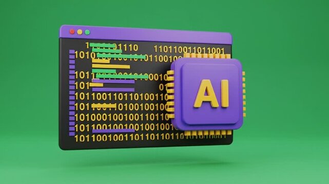 3D Cartoon AI Chip with Coding Screen Window on Green Background