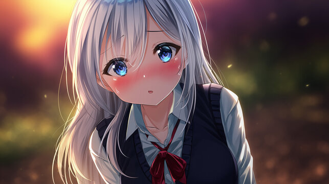 Embarrassed anime girl with silver hair blushing and teary eyes, shy expression illustration
