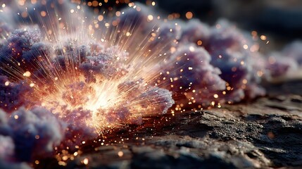 Dramatic Explosion of Light and Smoke with Fiery Sparks Flying in a Close-up View