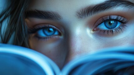 A captivating close-up of radiant blue eyes, their intense gaze emerging from soft, cool shadows, evoking mystery and profound contemplation
