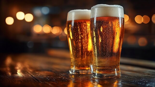 Two frosty pints of amber beer with creamy foam on a wooden bar top and warm bokeh lights creating a cozy, inviting evening atmosphere