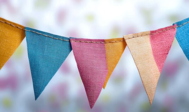 Colorful fabric bunting with triangular pennant flags and visible stitching on a string against a soft blurred pastel background, evoking a cheerful festive mood