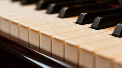 Fototapeta premium Piano keyboard close-up capturing black and white keys with detailed texture and design. Musical instrument, music background