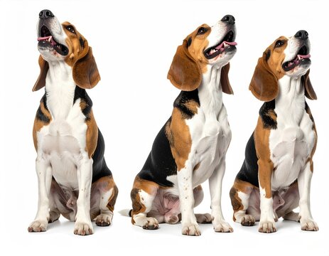 Three identical dogs, seated and gazing upward, white bkg