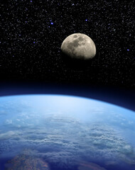 View on Earth and Moon from space. Photoshop illustration. © puchan