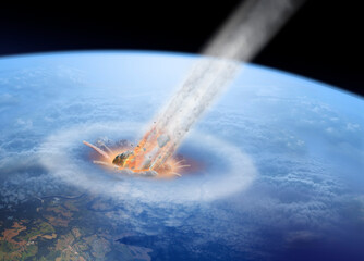 Photoshop illustration showing an asteroid or meteorite impact with Earth. Crater, fire, lava, and explosion. An apocalyptic vision of the end of the world. © puchan