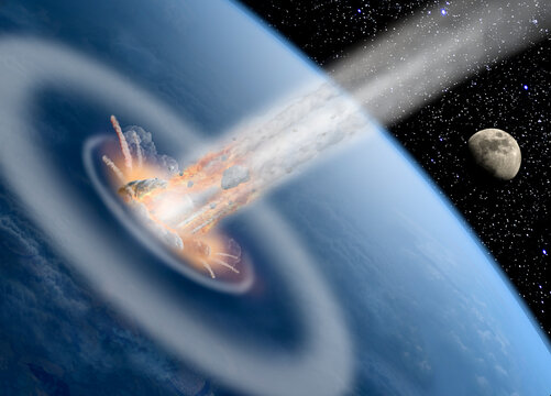 Photoshop illustration showing an asteroid or meteorite impact with Earth. Crater, fire, lava, and explosion. An apocalyptic vision of the end of the world.