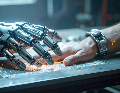 Futuristic robotic hand interacting with a human hand over a digital interface, artificial intelligence concept