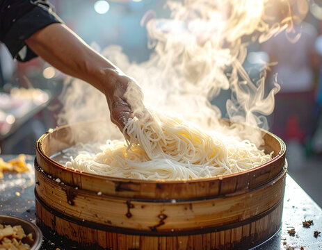 Steaming hot noodles being prepared with cinematic lighting and shallow depth of field, showcasing culinary tradition