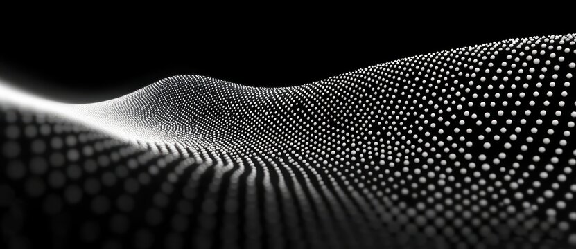 Monochrome undulating field of glowing white dots forming a flowing wave surface, futuristic and mesmerizing