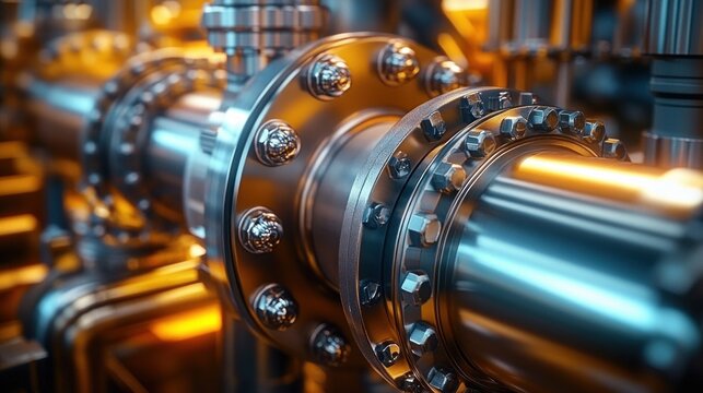 close-up of polished metal pipes and bolted flange with glowing blue and orange lighting conveying precision and industrial strength