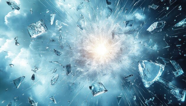 Explosive burst of shattered glass with flying shards and a bright glowing core against a stormy blue cloudy sky, dramatic and intense
