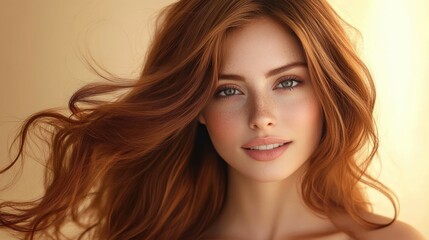 Fototapeta premium Close-up portrait of a woman with long flowing auburn hair and bare shoulders in warm golden light, wind-swept movement conveying a serene and elegant mood
