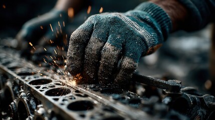 Close-up of a gloved hand sparks flying as a mechanic works on industrial machinery