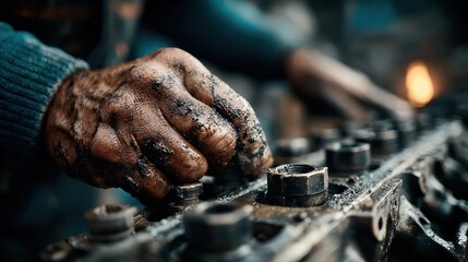 Close-up of a mechanic's greasy hand working on a complex engine component with intricate details