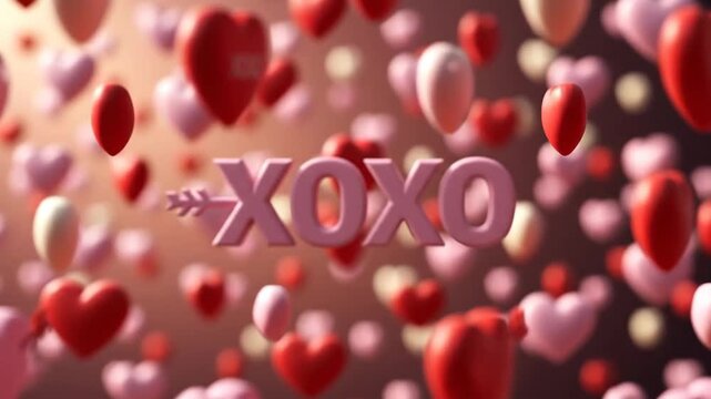 Romantic Valentines Day Hearts Background with Love, XOXO, Arrow, Pink, Red, and White.