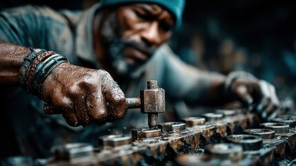 Focused craftsman with hands engaged in intricate metalwork detailing intricate mechanical