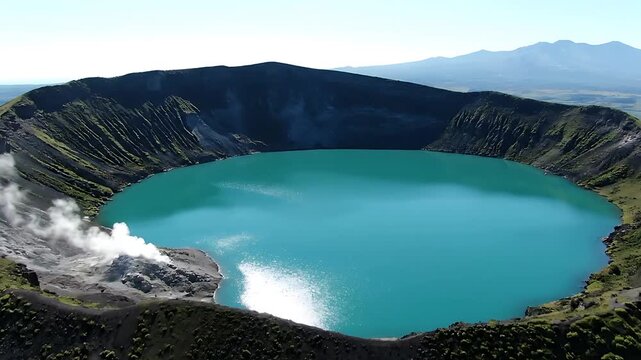 Stunning turquoise volcanic crater lake with active fumaroles and lush green slopes under clear sky
