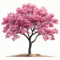 Fototapeta premium Solitary pink blossoming tree with wide canopy standing on a small grassy mound with a rock, delicate petals and a tranquil uplifting springtime mood