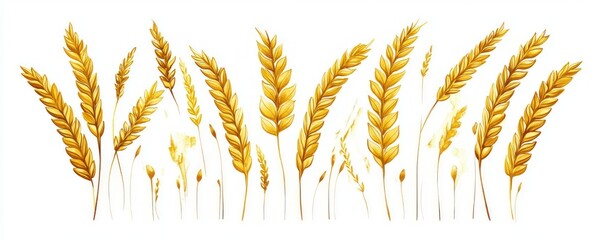row of golden wheat stalks and delicate grass stems on white background, warm peaceful harvest mood