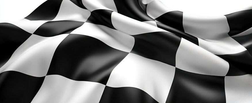 waving black and white checkered fabric with glossy squares and flowing folds conveying motion and triumphant energy