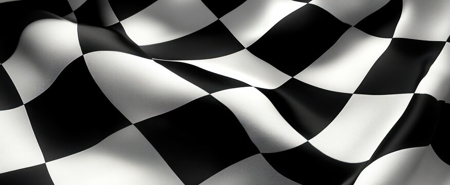 waving black and white checkered flag fabric with flowing folds and dramatic lighting conveying victory and energetic motion