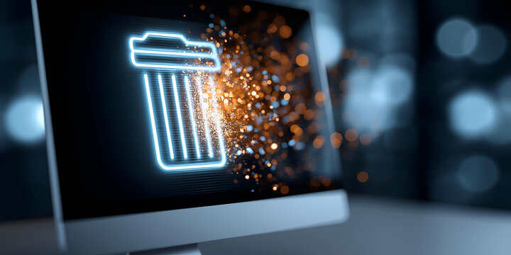 A modern computer screen displaying a glowing trash can icon, representing digital data deletion and modern technology concepts.