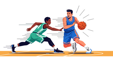 Two basketball players in action on a court with one dribbling 