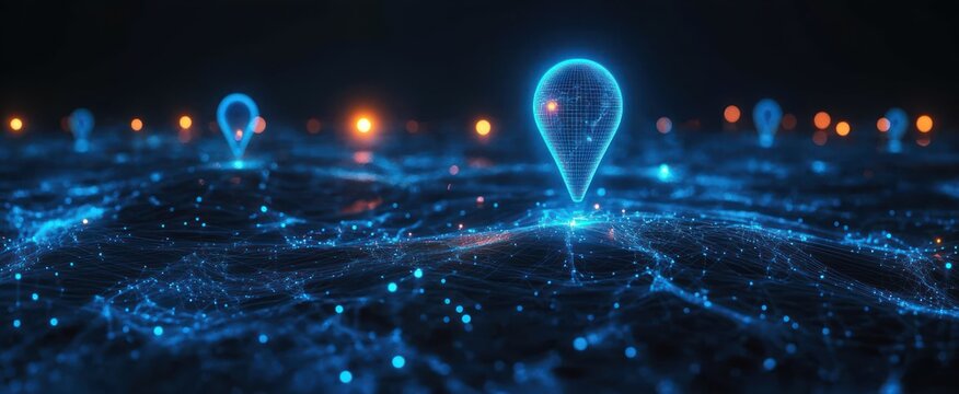 glowing blue digital map mesh with illuminated location pins and scattered data points conveying futuristic connectivity, precision and a sense of discovery