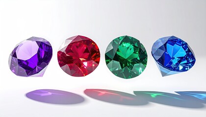 Fototapeta premium Four faceted colorful gems with shadows on white