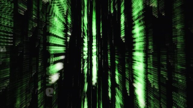Matrix code background abstract green digital data tunnel with flowing symbols and motion blur. Futuristic technology, cybersecurity, artificial intelligence and digital network background.