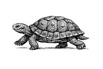 Fototapeta premium Black and white hand-drawn illustration of a tortoise or land turtle walking. Vintage engraving style reptile art on a black background.