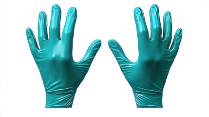 Obraz premium pair of teal disposable medical gloves with open palms and spread fingers on white background conveying sterile professional protection