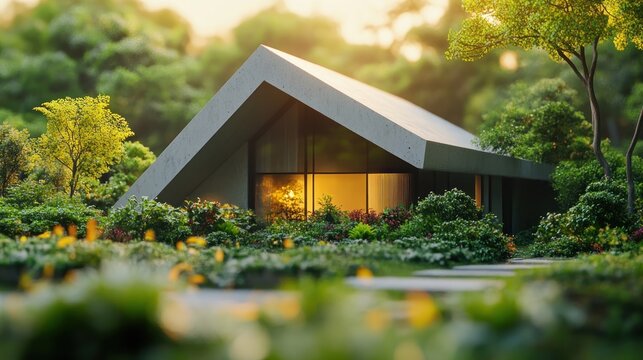 Modern triangular house with large glass windows surrounded by lush greenery and garden plants glowing warmly at sunset