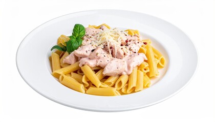 Pasta dish with sauce, chicken, basil, and cheese