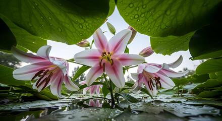 Pink and White Lilies Blooming Under Large Green Lotus Leaves in Water Garden
