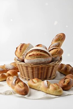 A rustic wicker basket, filled with fresh baked bread, rests on white linen, surrounded by other delicious bread.