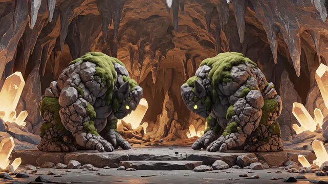 Stone elementals awakening and rising in a crystal cave, mystical rock creatures transformation fantasy scene for game asset, Animation
