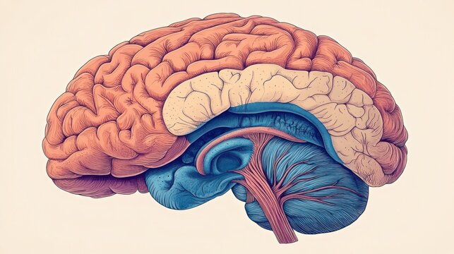 Detailed anatomical illustration of a human brain with colored sections highlighting different regions and intricate neural structures