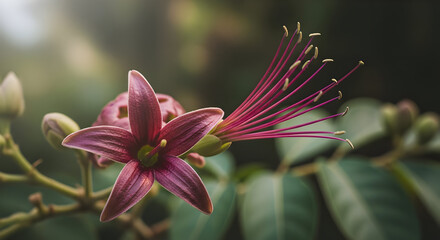 Pink Lily Flower with Long Stamen and Green Leaves in Soft Natural Light