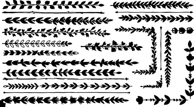 Black floral borders, leafy frames, and divider elements, 40 decorative vector illustrations
