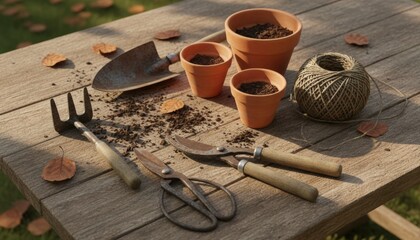 Rustic gardening tools, twine, and terracotta pots with soil on a wooden table outdoors