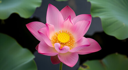 Pink Lotus Flower Blooming on Dark Water with Green Leaves