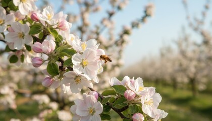 Fototapeta premium Close up of a honey bee pollinating white and pink apple tree flowers in a sunny spring orchard.