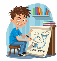 Young boy drawing an illustration about the water cycle, with clouds, rain, and sun
