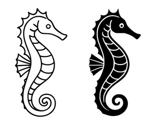 Obraz premium Seahorse illustration icon, black and white in outline and silhouette style